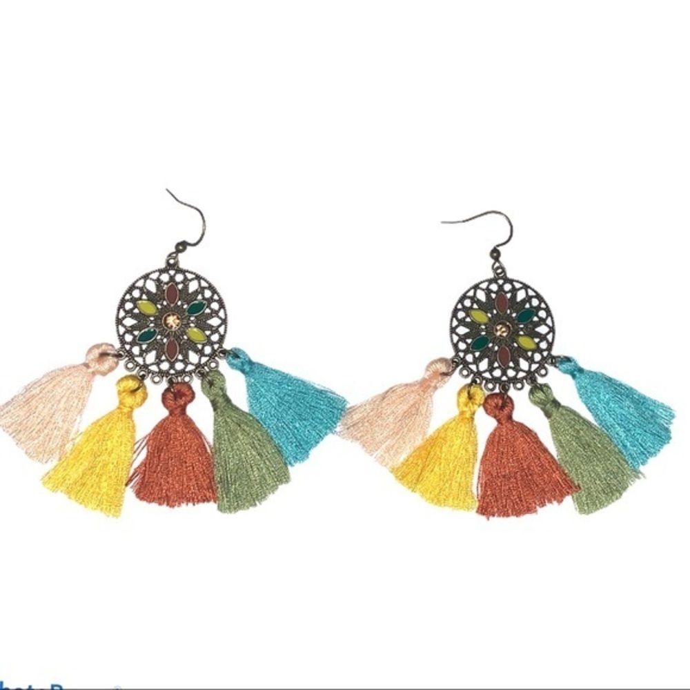 Antique brass BOHO floral tassels dangle earrings